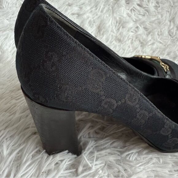 Vintage Y2K Gucci Black GG Web Block Heel Pumps with Gold Horsebit Size 8 - Picture 3 of 12